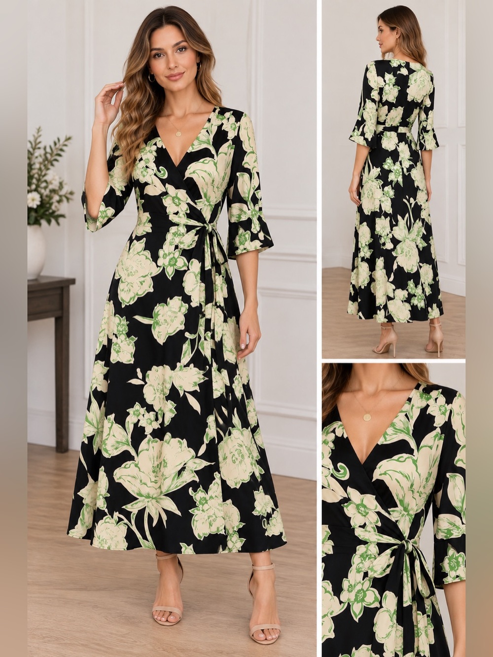 Zara NWTS Floral Wrap Maxi Dress Black Green Cream Size Medium *Small Flaw*